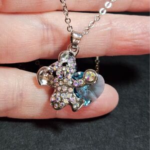 Silver tone koala bear with blue crystal heart necklace 20-21.5"